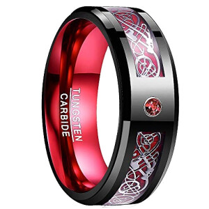 Bague Celtique blanc dragon + fibre de carbone rouge