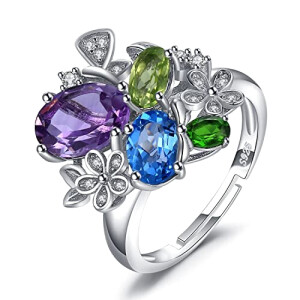 Bague bleu - naturelle ouverte fleur plaqué jaune or